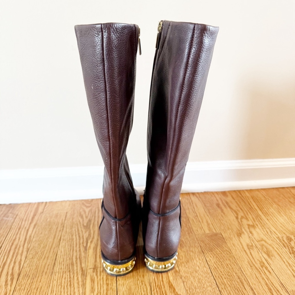 KARL LAGERFELD Seine Metal Pearl Embellished Knee-High Leather Boots Brown 8 - Picture 13 of 14
